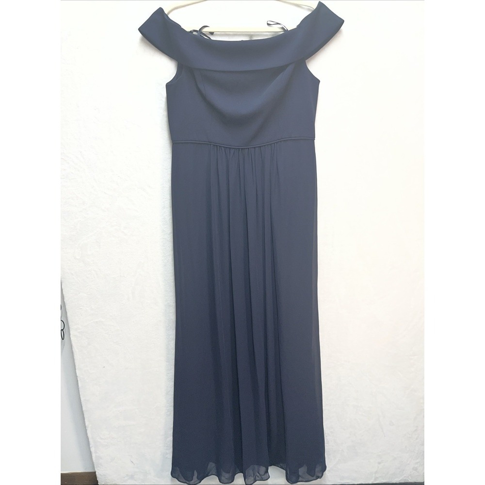 Adrianna Papell Off Shoulder Chiffon Gown Women's 12 Navy Blue Formal Bridesmaid